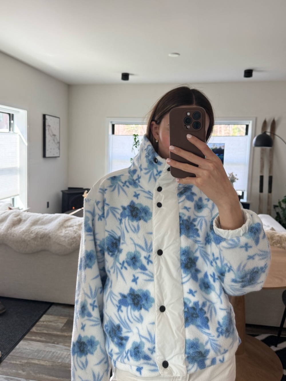 LoveShackFancy White Teddy Jacket with Blue Floral Print